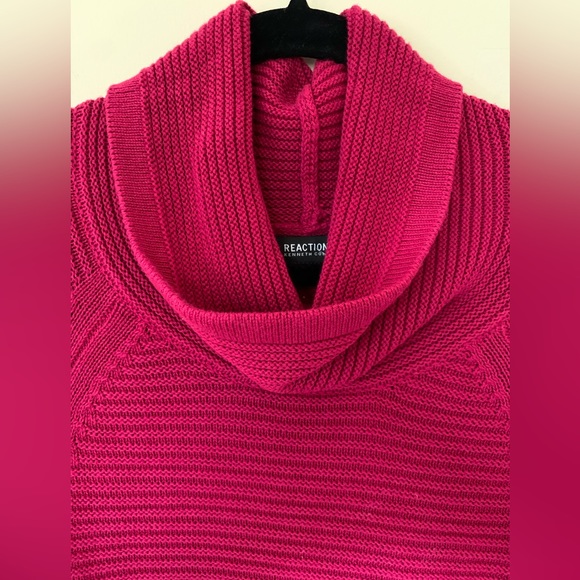 REACTION by Kenneth Cole, turtle neck, long sleeve, crochet sweater, fuchsia. - Picture 2 of 7